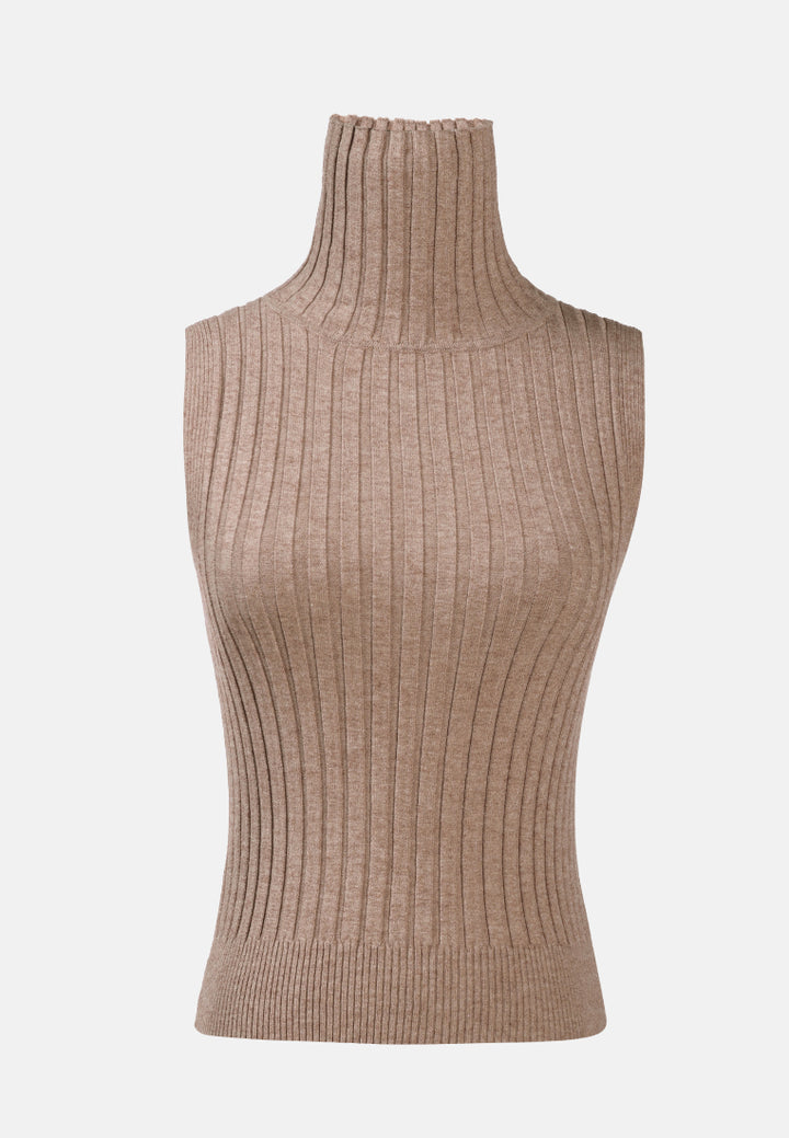 sleeveless rib knit turtle neck top#color_light-brown