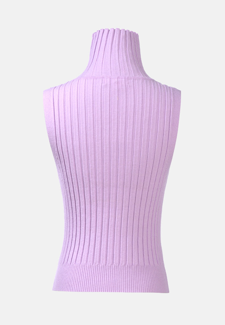 Sleeveless Rib Knit Turtle Neck Top