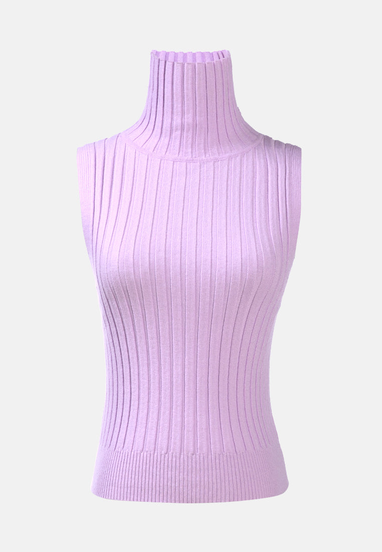 sleeveless rib knit turtle neck top#color_light-purple