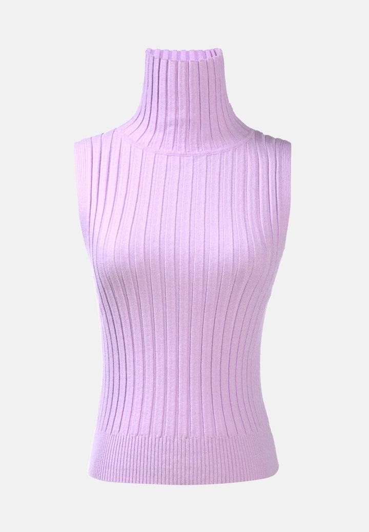 sleeveless rib knit turtle neck top#color_light-purple