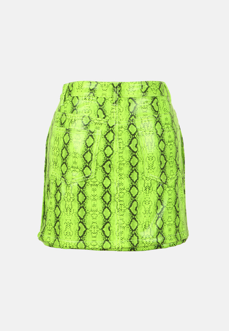 Slithering Bright Mini Skirt#color_green-snake-print