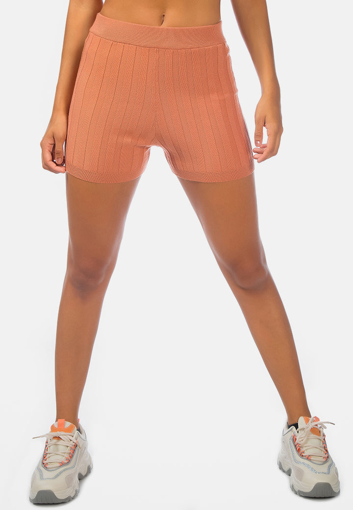 solid rib knit shorts#color_coral