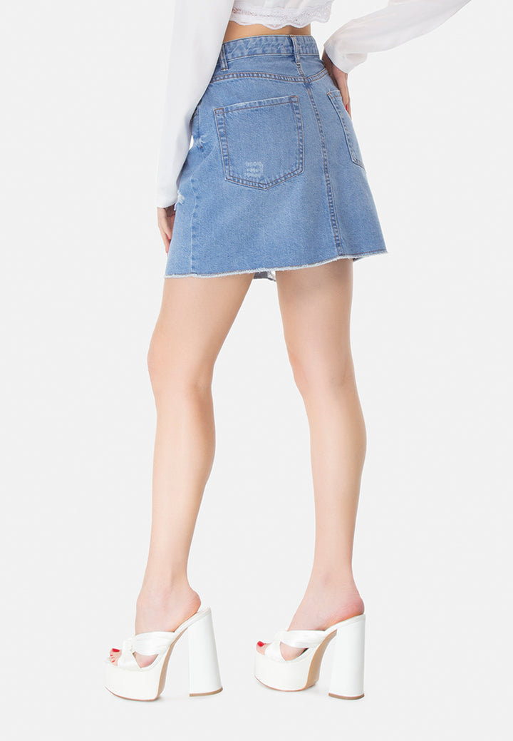 split distressed denim mini skirt#color_light-blue