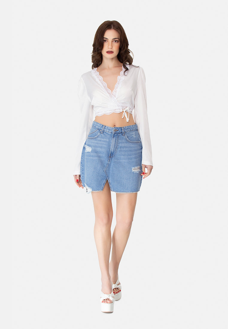 split distressed denim mini skirt#color_light-blue