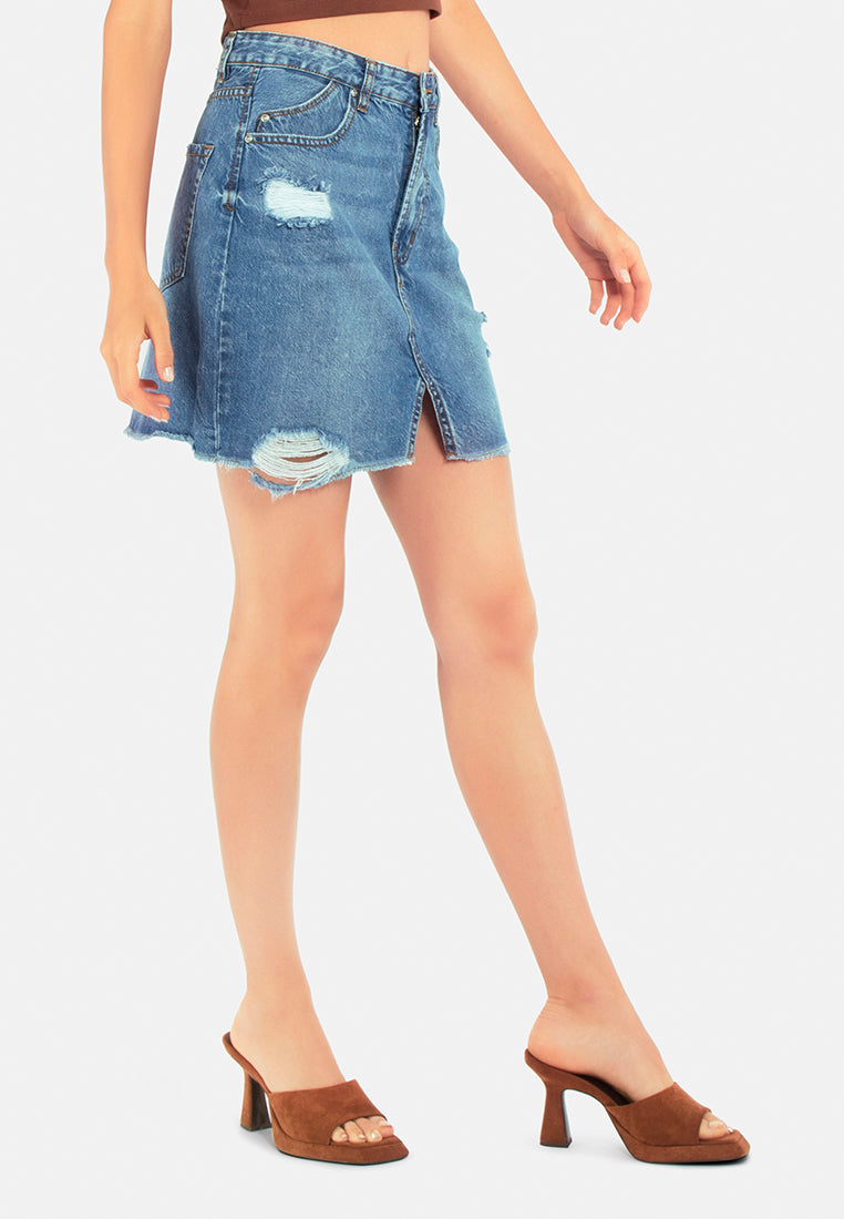 split distressed denim mini skirt#color_mid-blue