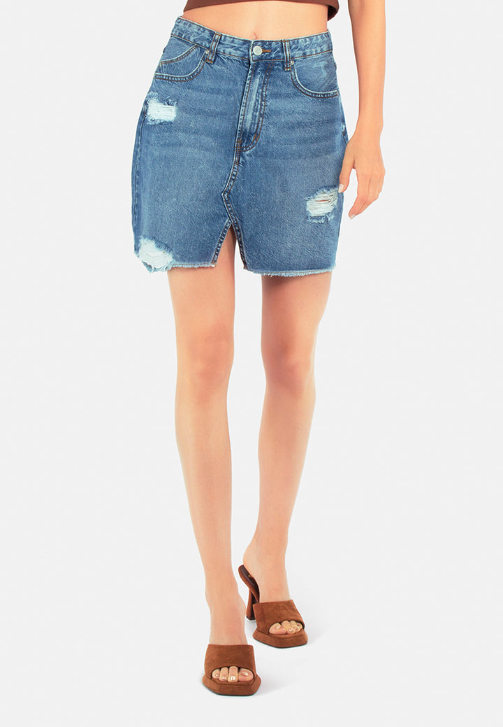 split distressed denim mini skirt#color_mid-blue