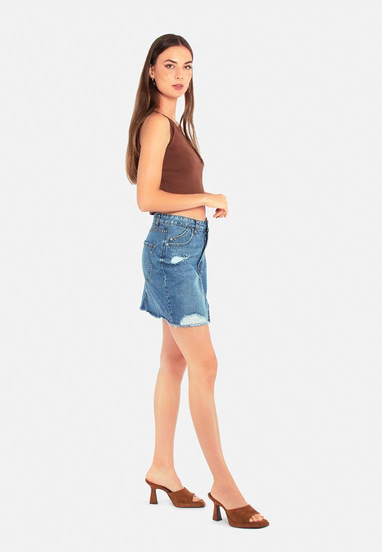 split distressed denim mini skirt#color_mid-blue