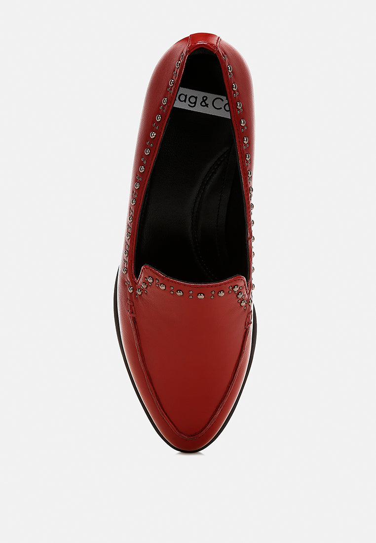 studs embellished leather loafers by ruw#color_burgundy