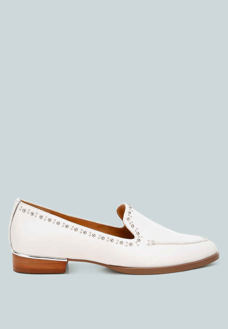 studs embellished leather loafers by ruw#color_off-white