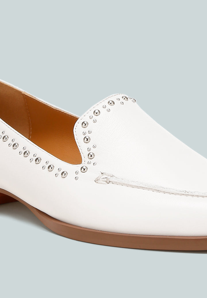 studs embellished leather loafers by ruw#color_off-white