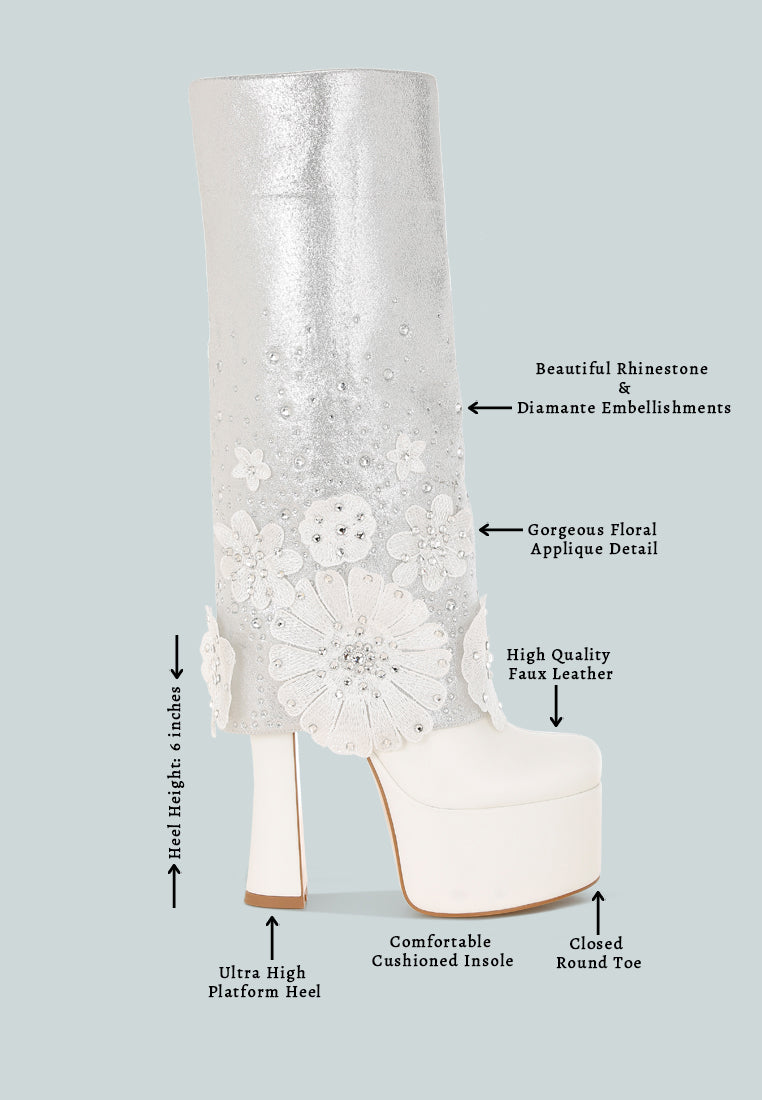 sundra floral applique platform heeled boots#color_white