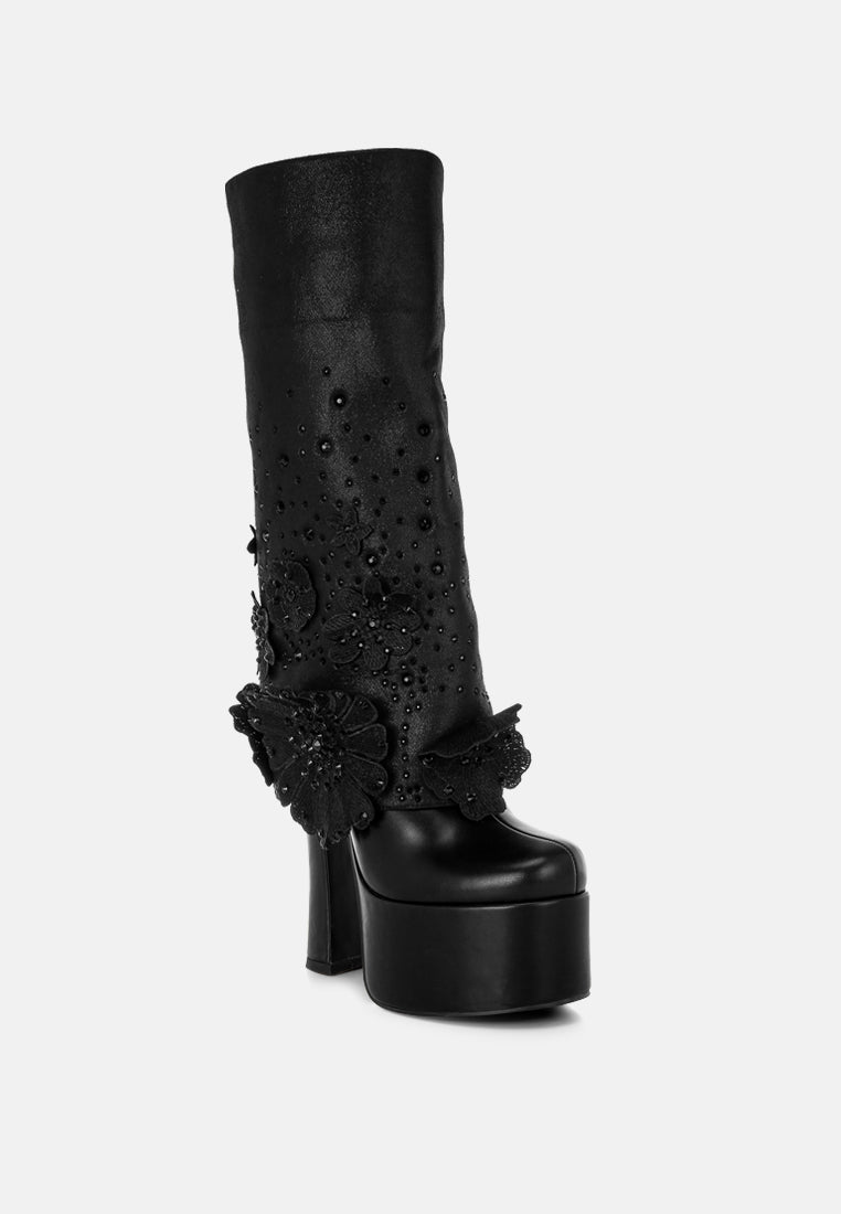 sundra floral applique platform heeled boots#color_black