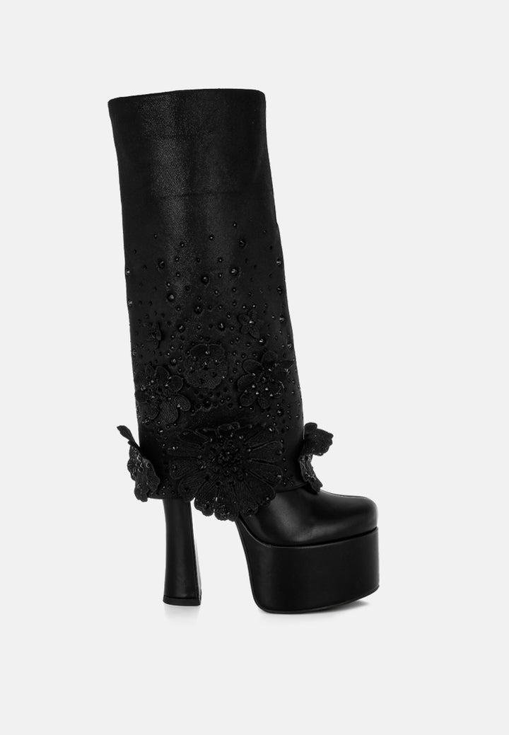 sundra floral applique platform heeled boots#color_black