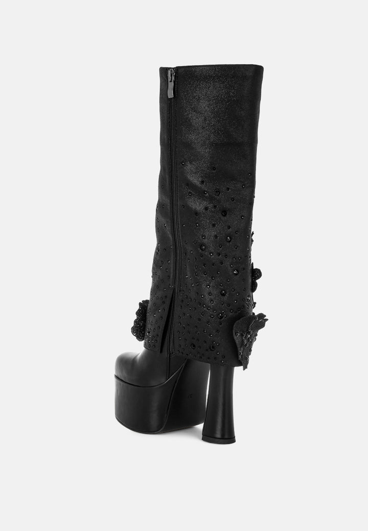 sundra floral applique platform heeled boots#color_black