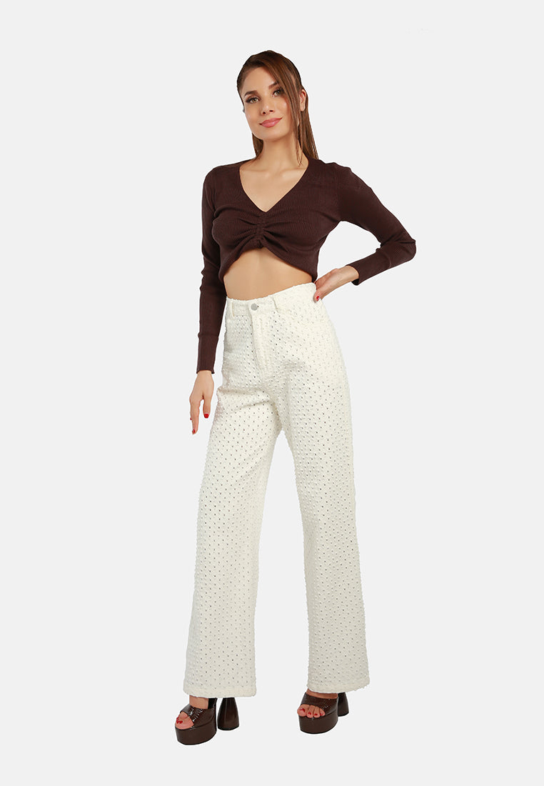 textured high waist pants#color_white