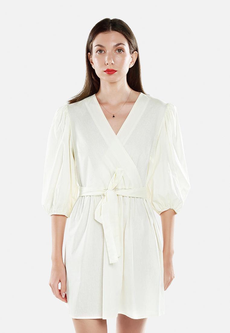 v-neck belt dress by ruw#color_off-white