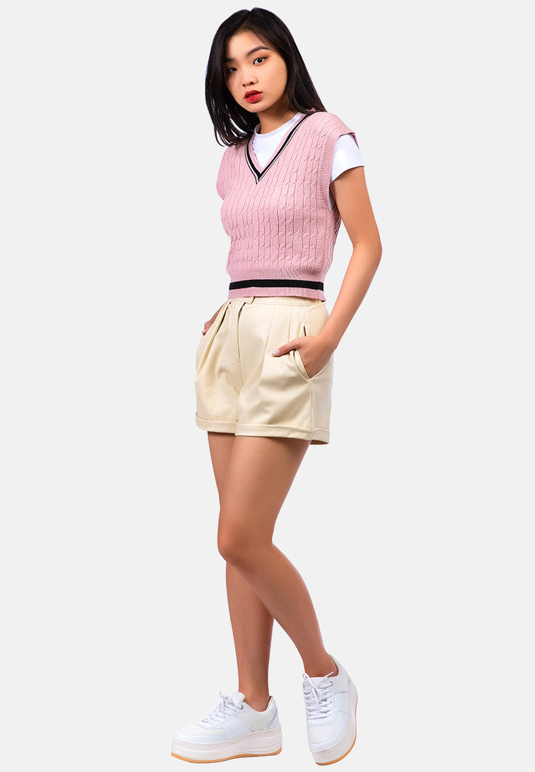 pleated faux leather shorts#color_camel