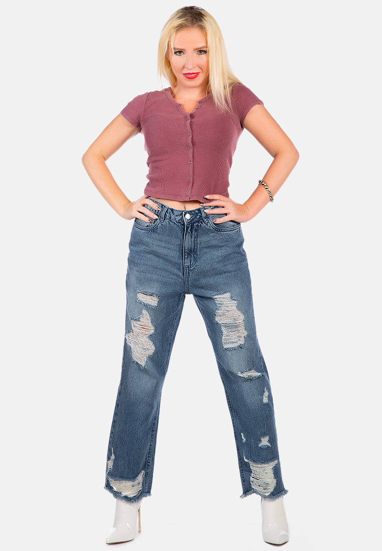 washed distressed straight denim pants#color_mid-blue