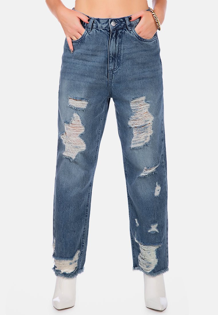 washed distressed straight denim pants#color_mid-blue
