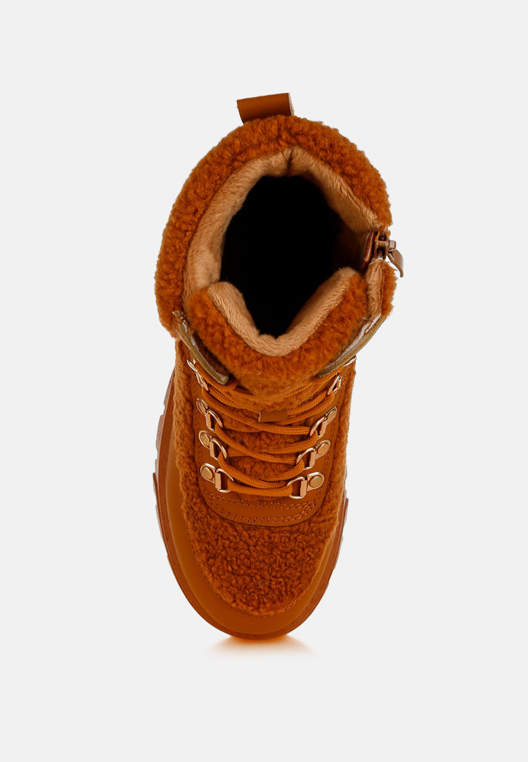 faux fur detail chunky hiker boots by ruw#color_tan