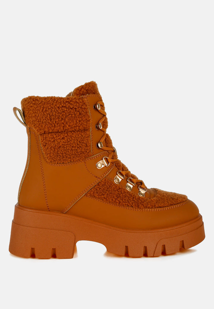 faux fur detail chunky hiker boots by ruw#color_tan