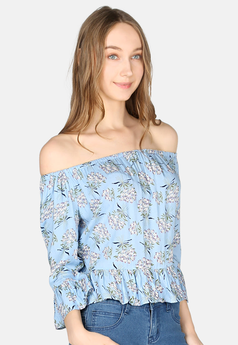 white polka dot off shoulder top#color_blue