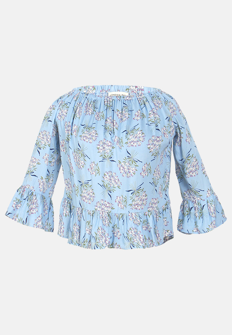 white polka dot off shoulder top#color_blue