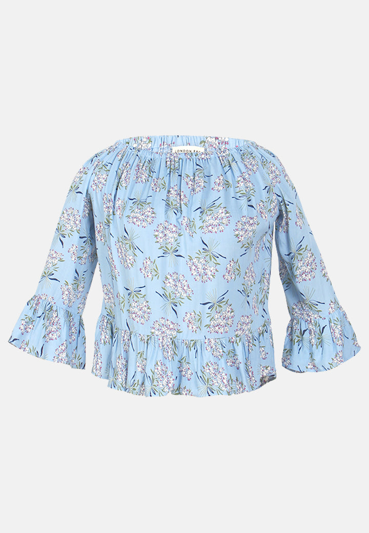 white polka dot off shoulder top#color_blue