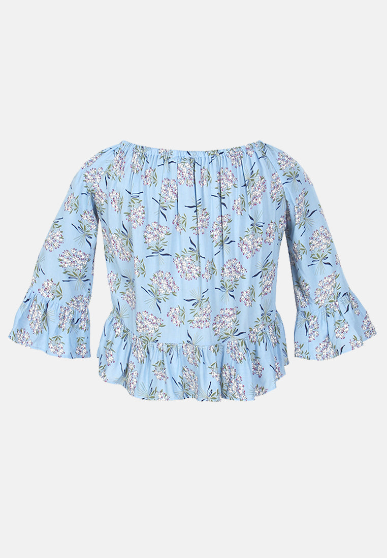 white polka dot off shoulder top#color_blue