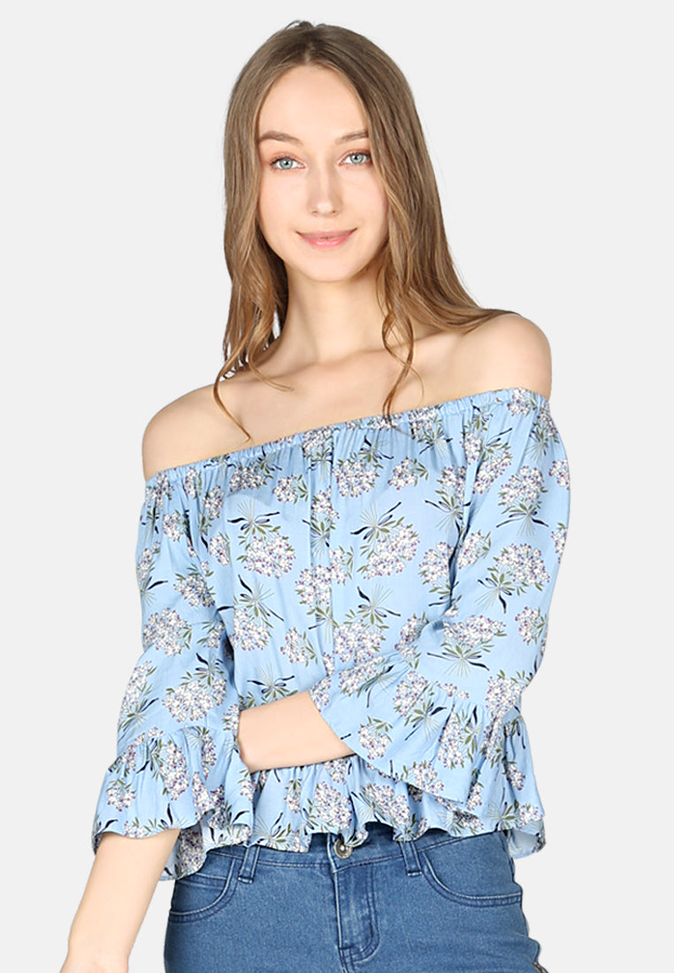 white polka dot off shoulder top#color_blue