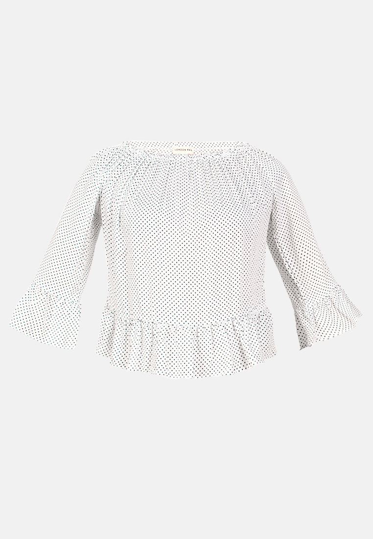 white polka dot off shoulder top#color_white