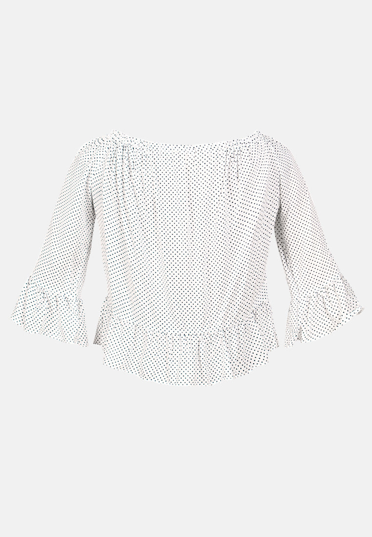 white polka dot off shoulder top#color_white