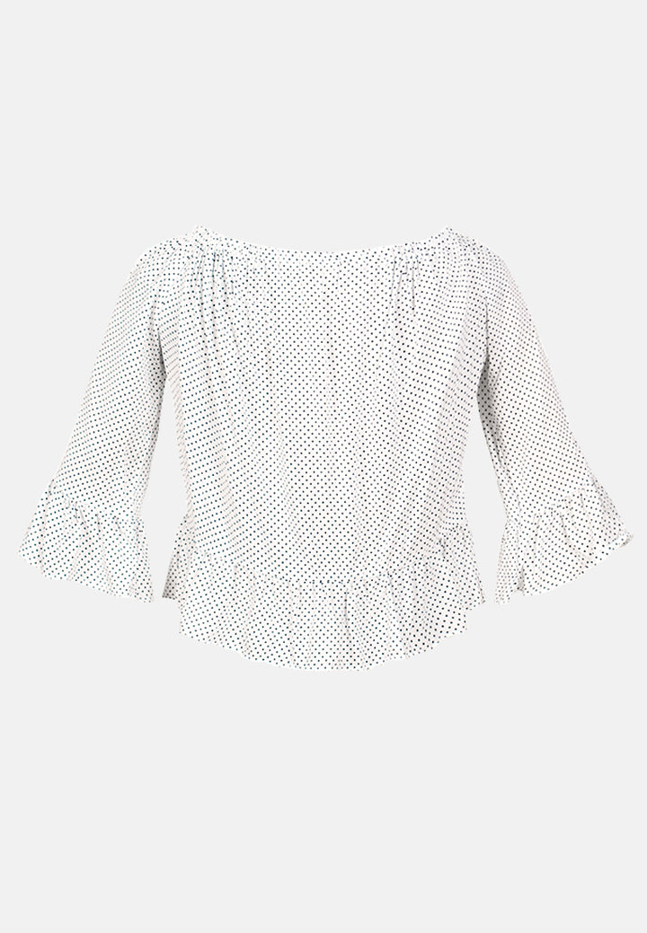 white polka dot off shoulder top#color_white