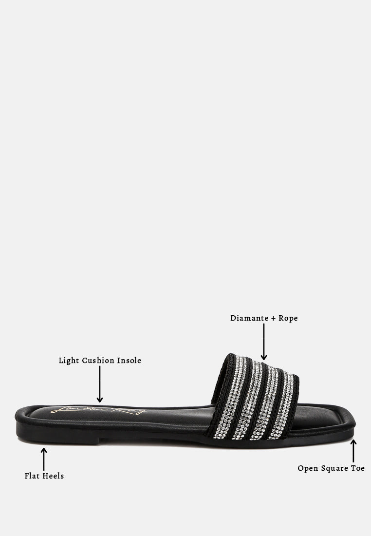 white rope n dimanate slip-on flats by ruw#color_black