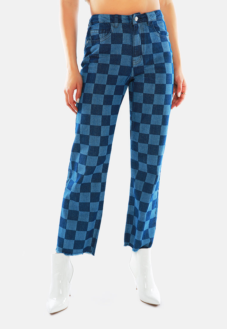 blue wide leg checkered jeans pants#color_blue