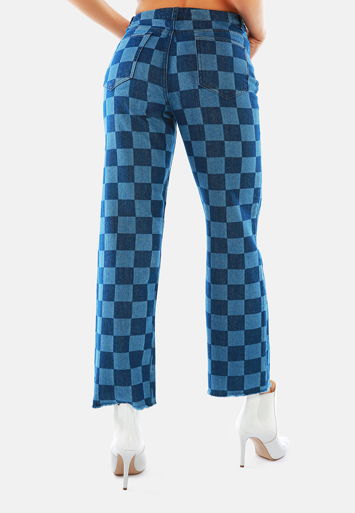 blue wide leg checkered jeans pants#color_blue