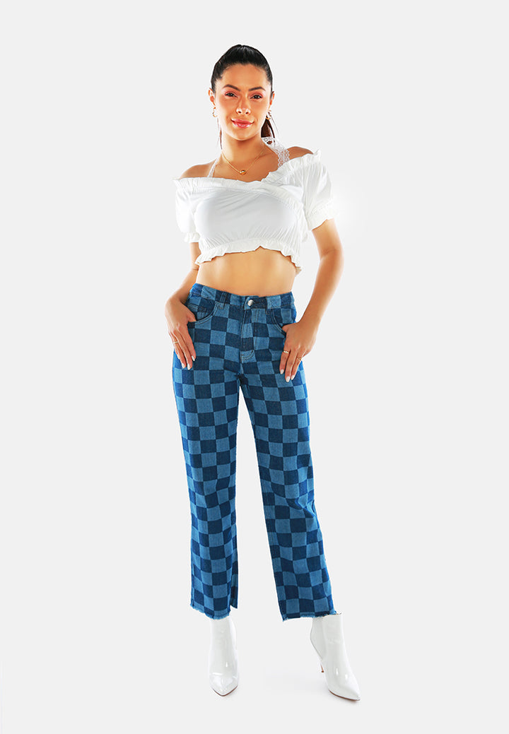 blue wide leg checkered jeans pants#color_blue