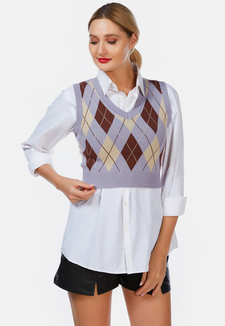 windowpane checks knitted vest#color_ligth-blue