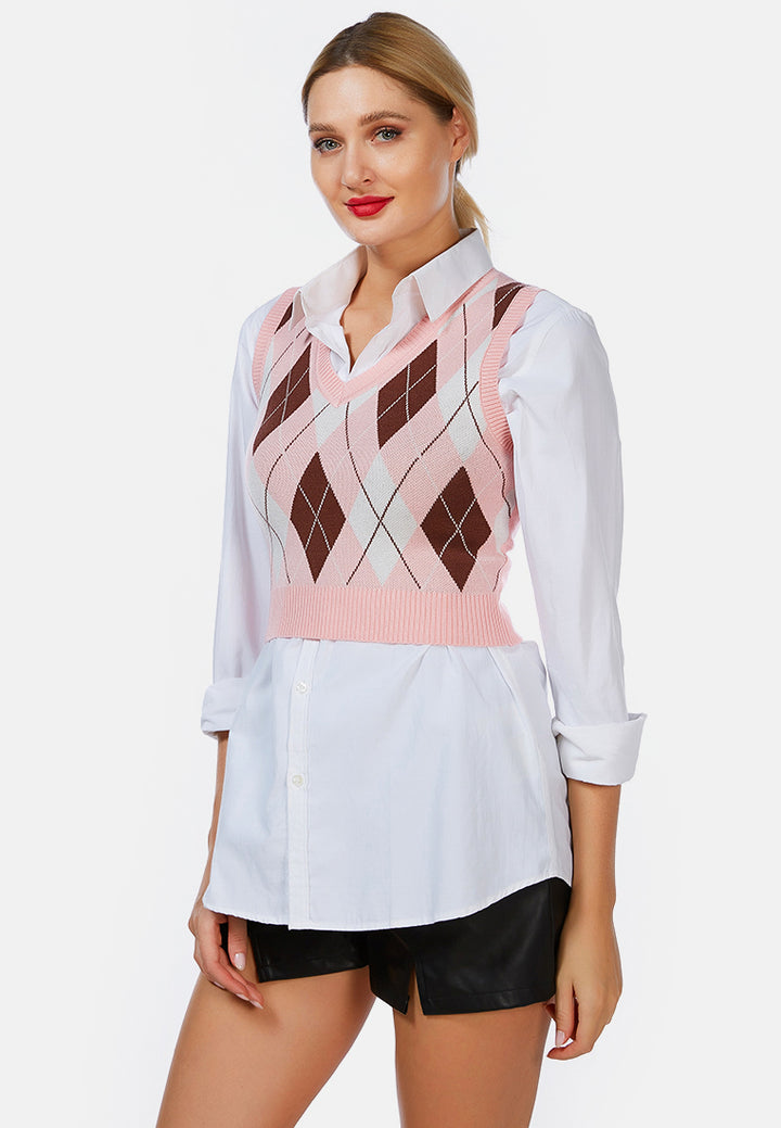 windowpane checks knitted vest#color_pink