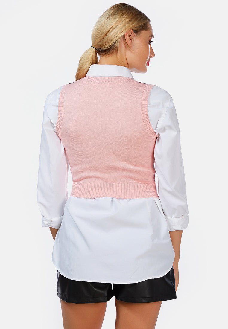 windowpane checks knitted vest#color_pink