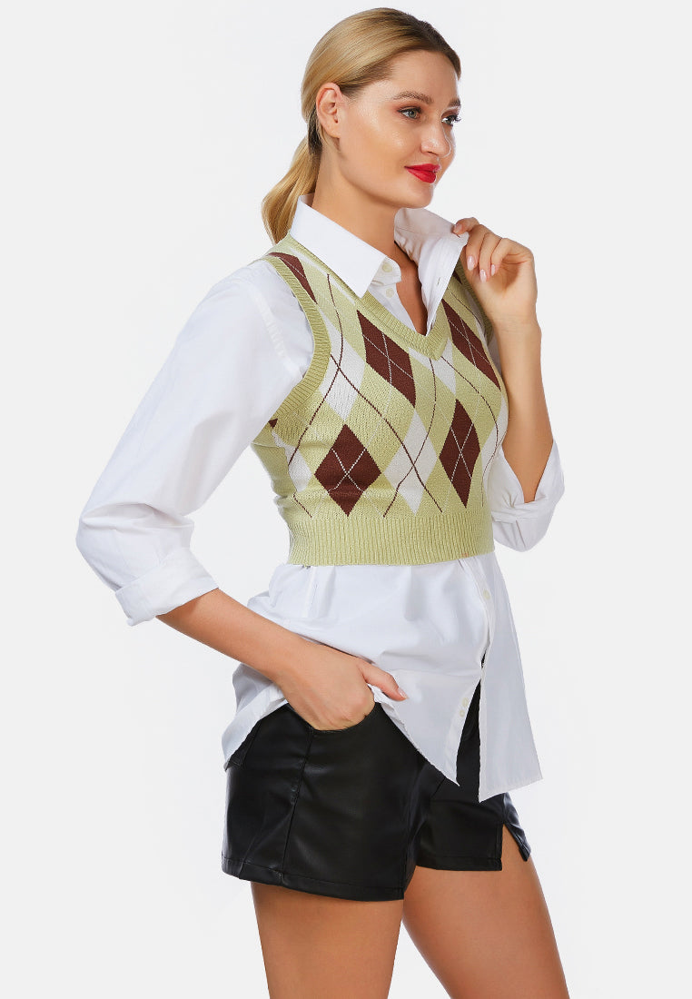 windowpane checks knitted vest#color_sage