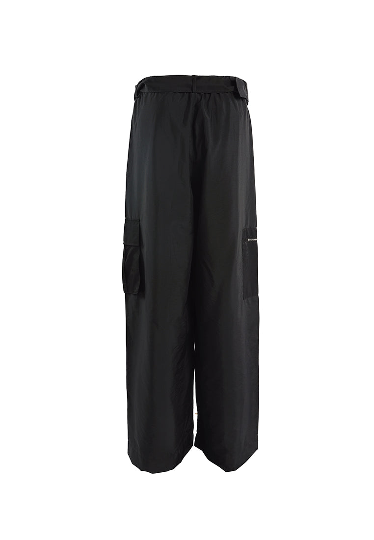 relaxed woven cargo pants with belt#color_black