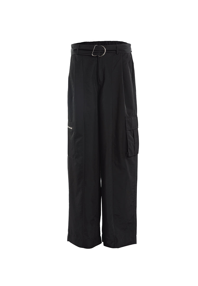 relaxed woven cargo pants with belt#color_black