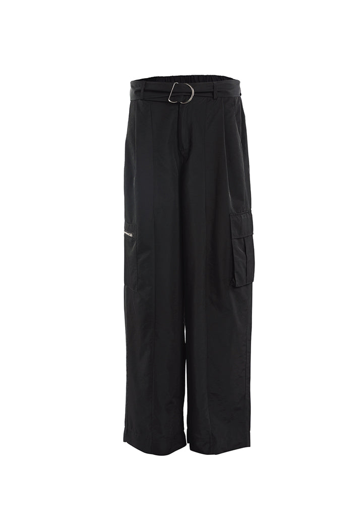 relaxed woven cargo pants with belt#color_black
