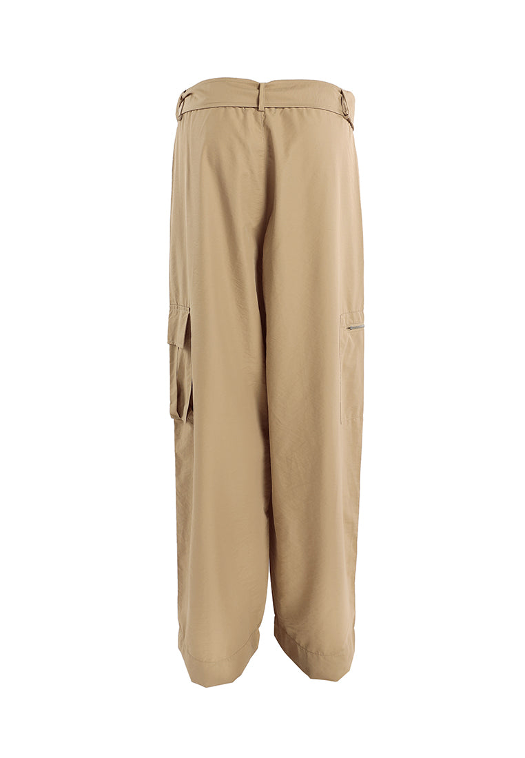 relaxed woven cargo pants with belt#color_khaki