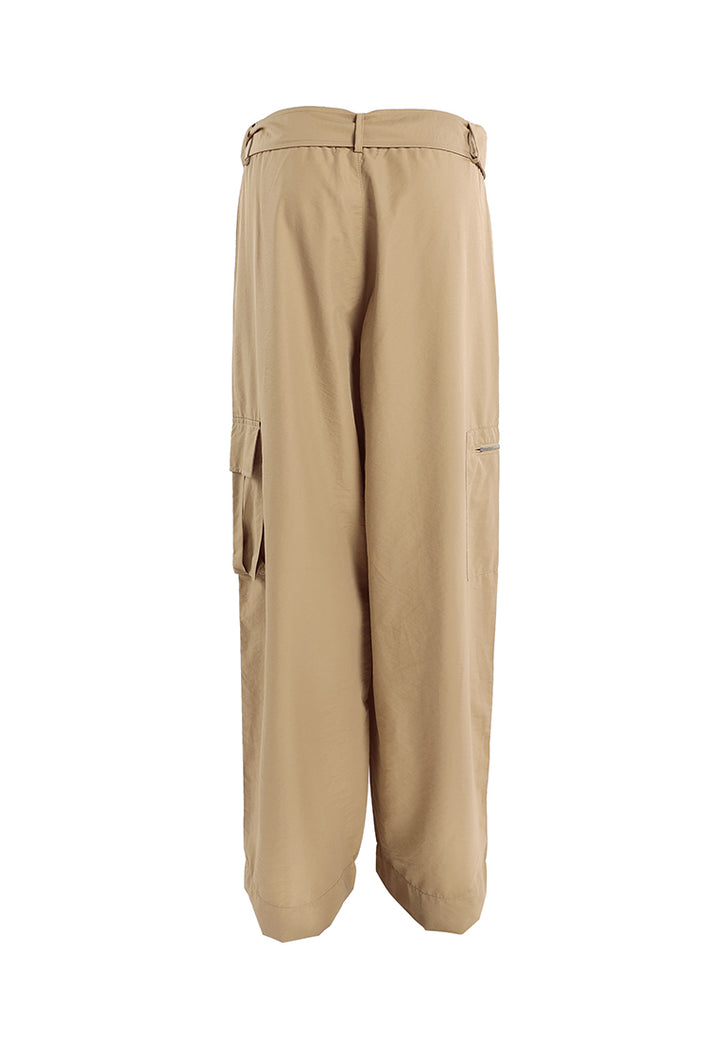 relaxed woven cargo pants with belt#color_khaki