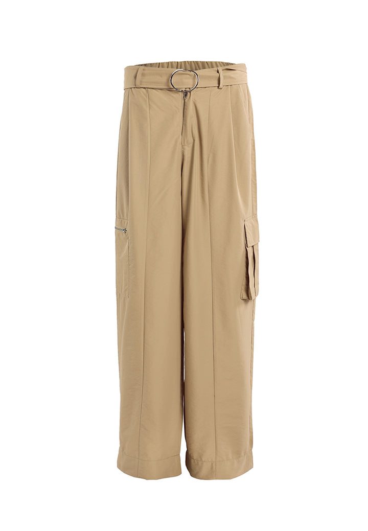 relaxed woven cargo pants with belt#color_khaki