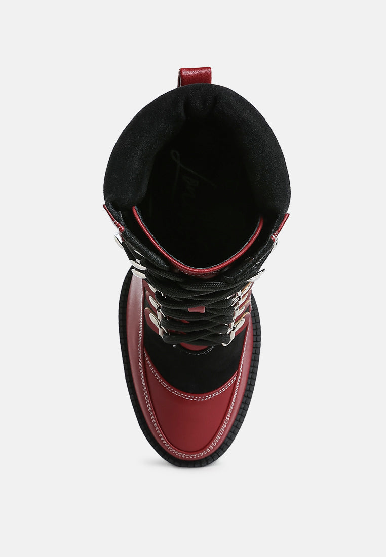 yeti high heel lace up biker boots by ruw#color_burgundy-black