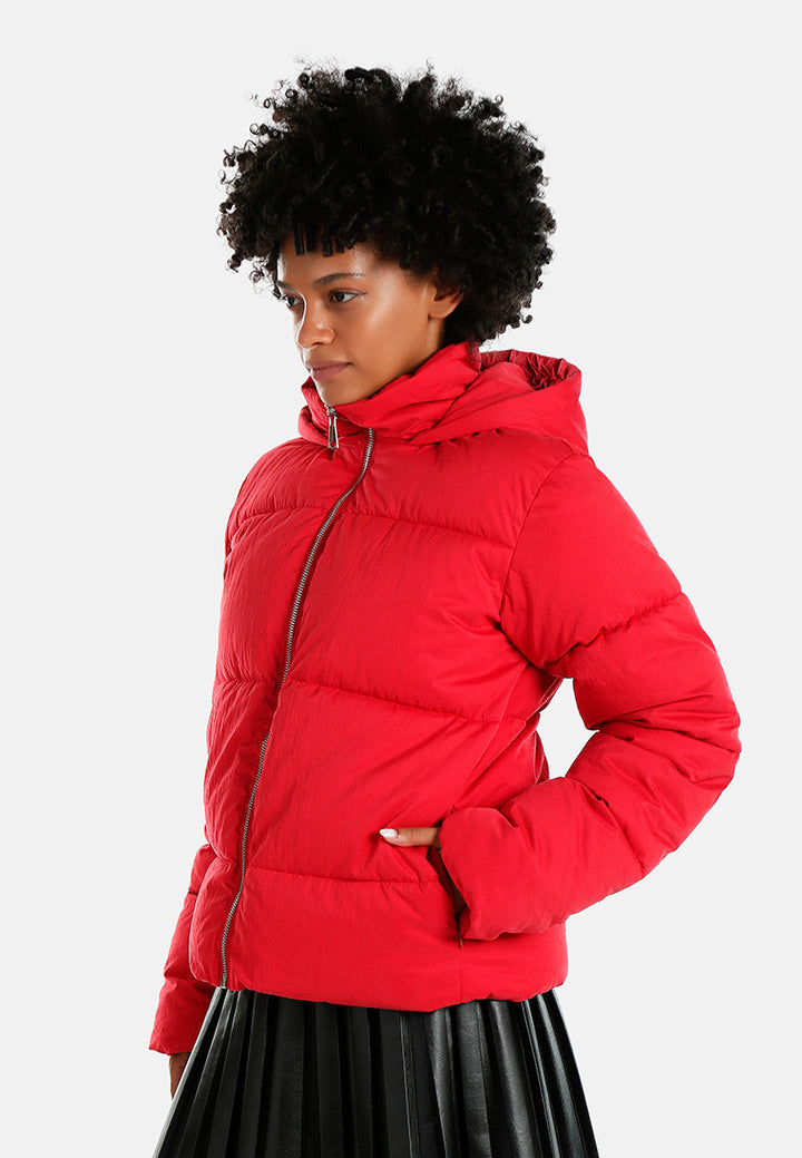 zip up hooded puffer jacket#color_red