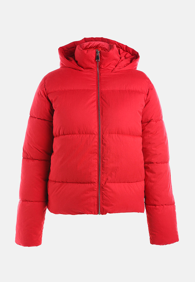 zip up hooded puffer jacket#color_red